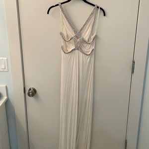 Sky floor length white jersey dress with rhinestone back